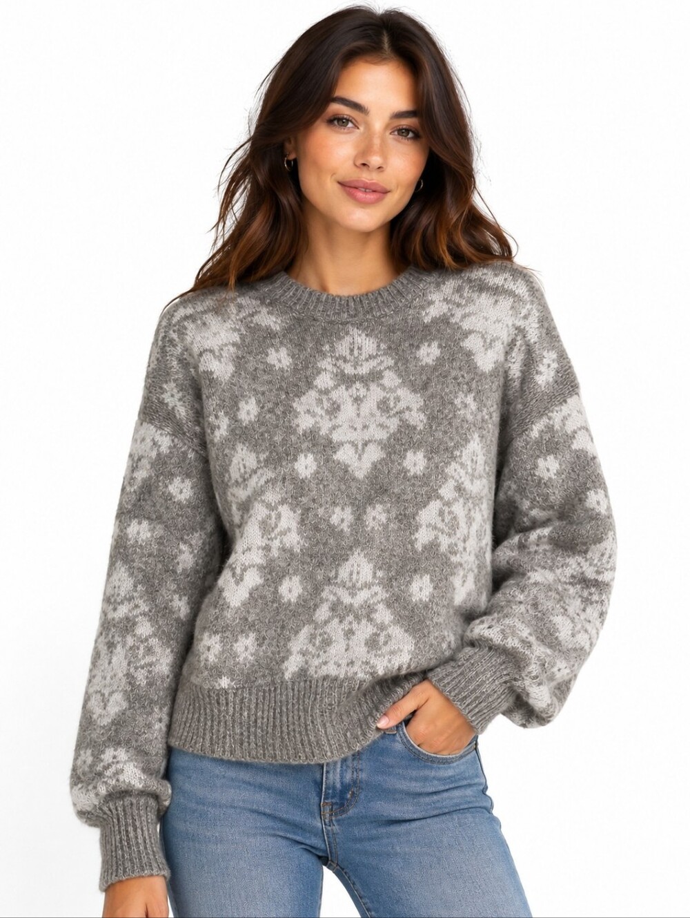 Lewit Gray Floral Mohair Wool Blend Crewneck Sweater Size Small